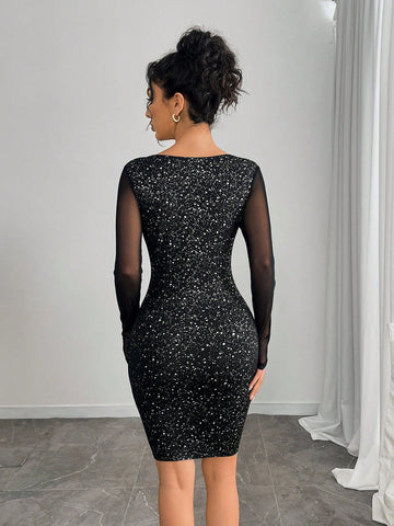 Women's Mesh Splice Foil Print Mini Dress Women's Mesh Splice Foil Print Mini Dress