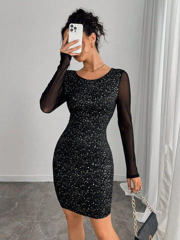 Women's Mesh Splice Foil Print Mini Dress Women's Mesh Splice Foil Print Mini Dress