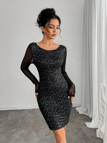 Women's Mesh Splice Foil Print Mini Dress Women's Mesh Splice Foil Print Mini Dress