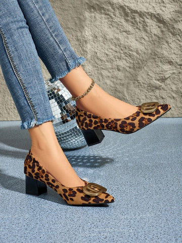 Women's Metal Decor Leopard Print High Heels Pumps, Versatile And Stylish, Chunky Heel Comfortable Slip-On Women's Metal Decor Leopard Print High Heels Pumps, Versatile And Stylish, Chunky Heel Comfortable Slip-On
