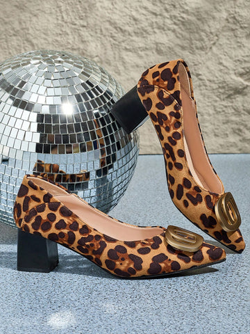 Women's Metal Decor Leopard Print High Heels Pumps, Versatile And Stylish, Chunky Heel Comfortable Slip-On Women's Metal Decor Leopard Print High Heels Pumps, Versatile And Stylish, Chunky Heel Comfortable Slip-On