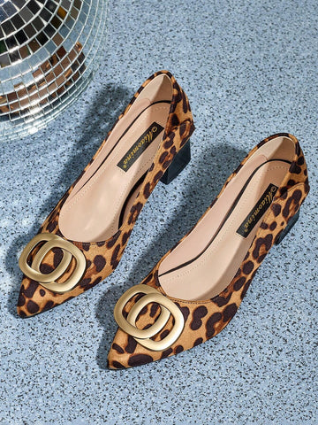 Women's Metal Decor Leopard Print High Heels Pumps, Versatile And Stylish, Chunky Heel Comfortable Slip-On Women's Metal Decor Leopard Print High Heels Pumps, Versatile And Stylish, Chunky Heel Comfortable Slip-On