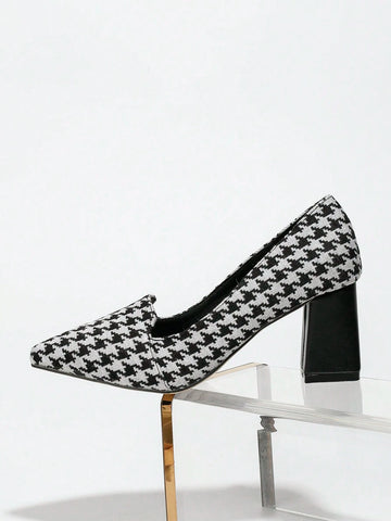 Women's New Fashion Elegant Houndstooth Pattern Thick Heel Women's New Fashion Elegant Houndstooth Pattern Thick Heel