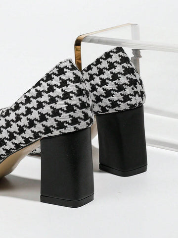 Women's New Fashion Elegant Houndstooth Pattern Thick Heel Women's New Fashion Elegant Houndstooth Pattern Thick Heel