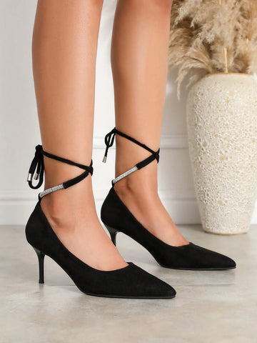 Women's New Pointed Toe Crystal Tie High Heel Pumps - Work Shoes, Crystal Embellished Black Shoes, Women's New Pointed Toe Crystal Tie High Heel Pumps - Work Shoes, Crystal Embellished Black Shoes,