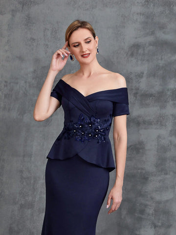 Women's Off Shoulder Floral Applique Surplice Neck Party Dress Women's Off Shoulder Floral Applique Surplice Neck Party Dress