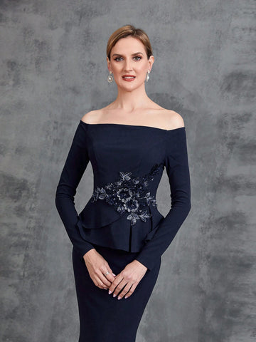 Women's Off Shoulder Long Sleeve Floral Applique Party Dress Women's Off Shoulder Long Sleeve Floral Applique Party Dress