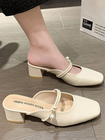 Women's Pearl Mary Jane Shoes With Toe Cap, High Heel Mules, Versatile Block Heeled Sandals Women's Pearl Mary Jane Shoes With Toe Cap, High Heel Mules, Versatile Block Heeled Sandals