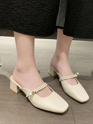 Women's Pearl Mary Jane Shoes With Toe Cap, High Heel Mules, Versatile Block Heeled Sandals Women's Pearl Mary Jane Shoes With Toe Cap, High Heel Mules, Versatile Block Heeled Sandals