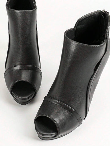 Women's Peep Toe High Heel Boots With Platform, Black Ultra-High Shoes, Hollow Out Design Suitable Women's Peep Toe High Heel Boots With Platform, Black Ultra-High Shoes, Hollow Out Design Suitable