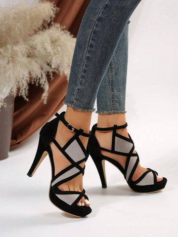 Women's Peep Toe Stiletto High Heels, Fashionable Hollow Out Ankle Strap Platform Women's Peep Toe Stiletto High Heels, Fashionable Hollow Out Ankle Strap Platform