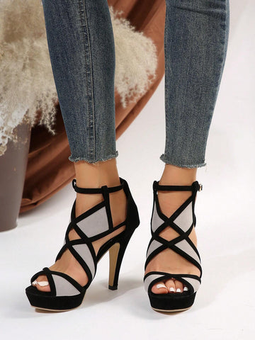 Women's Peep Toe Stiletto High Heels, Fashionable Hollow Out Ankle Strap Platform Women's Peep Toe Stiletto High Heels, Fashionable Hollow Out Ankle Strap Platform