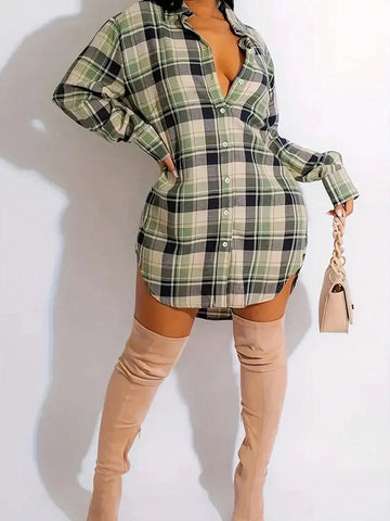 Women's Plaid Drop Shoulder Long Sleeve Single-Breasted Casual Shirt Women's Plaid Drop Shoulder Long Sleeve Single-Breasted Casual Shirt