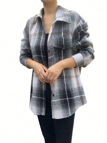 Women's Plaid Long Sleeve Single Breasted Casual Pocket Loose Shirt, Autumn Women's Plaid Long Sleeve Single Breasted Casual Pocket Loose Shirt, Autumn