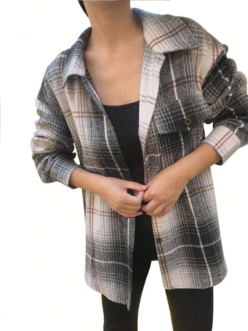 Women's Plaid Long Sleeve Single Breasted Casual Pocket Loose Shirt, Autumn Women's Plaid Long Sleeve Single Breasted Casual Pocket Loose Shirt, Autumn