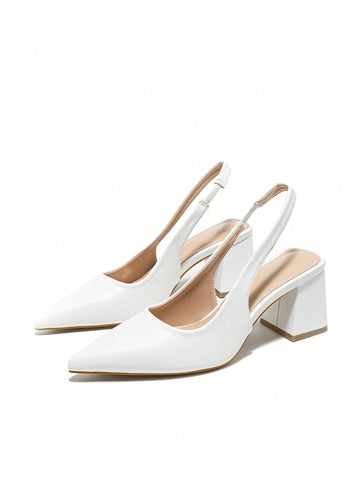 Women's Pointed Toe Chunky Heel Slingback Spring Shoes, White, Suitable For Wedding, Women's Pointed Toe Chunky Heel Slingback Spring Shoes, White, Suitable For Wedding,