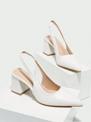 Women's Pointed Toe Chunky Heel Slingback Spring Shoes, White, Suitable For Wedding, Women's Pointed Toe Chunky Heel Slingback Spring Shoes, White, Suitable For Wedding,