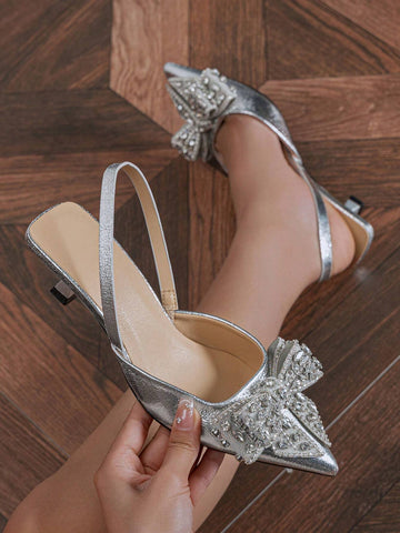 Women's Pointed Toe High-Heeled Shoes With Bowknot Rhinestone Decorations, Closed Toe And Ankle Strap Women's Pointed Toe High-Heeled Shoes With Bowknot Rhinestone Decorations, Closed Toe And Ankle Strap