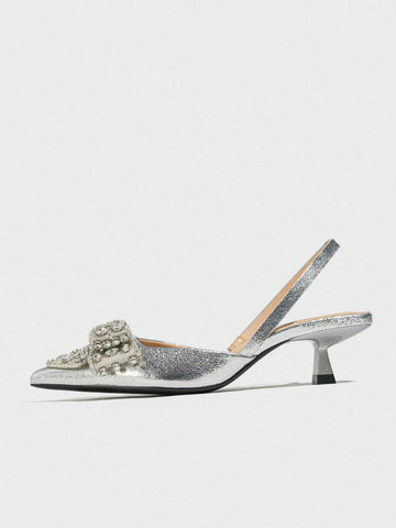 Women's Pointed Toe High-Heeled Shoes With Bowknot Rhinestone Decorations, Closed Toe And Ankle Strap Women's Pointed Toe High-Heeled Shoes With Bowknot Rhinestone Decorations, Closed Toe And Ankle Strap