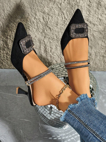 Women's Pointed Toe High Heel Pumps, Rhinestone Buckle Decor Dress Shoes, Sexy For Commute Women's Pointed Toe High Heel Pumps, Rhinestone Buckle Decor Dress Shoes, Sexy For Commute