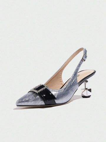 Women's Pointed Toe High Heel Shoes, Electroplated Shiny Crystal Embellished Mid Heel Women's Pointed Toe High Heel Shoes, Electroplated Shiny Crystal Embellished Mid Heel