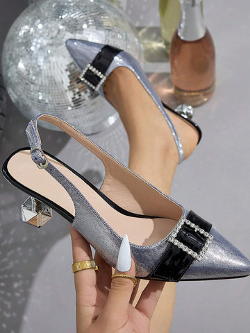 Women's Pointed Toe High Heel Shoes, Electroplated Shiny Crystal Embellished Mid Heel Women's Pointed Toe High Heel Shoes, Electroplated Shiny Crystal Embellished Mid Heel