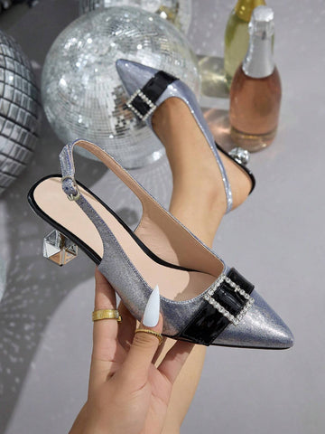 Women's Pointed Toe High Heel Shoes, Electroplated Shiny Crystal Embellished Mid Heel Women's Pointed Toe High Heel Shoes, Electroplated Shiny Crystal Embellished Mid Heel