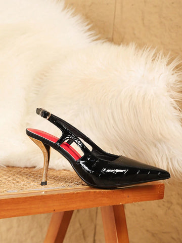 Women's Pointed Toe High Heel Shoes With Ankle Strap And Metal Buckle Decor, Faux Patent Leather Women's Pointed Toe High Heel Shoes With Ankle Strap And Metal Buckle Decor, Faux Patent Leather