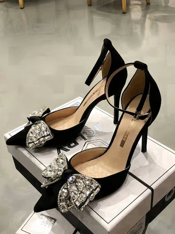 Women's Pointed Toe High Heel Shoes With Crystal Bowknot Single Strap, Women's Pointed Toe High Heel Shoes With Crystal Bowknot Single Strap,