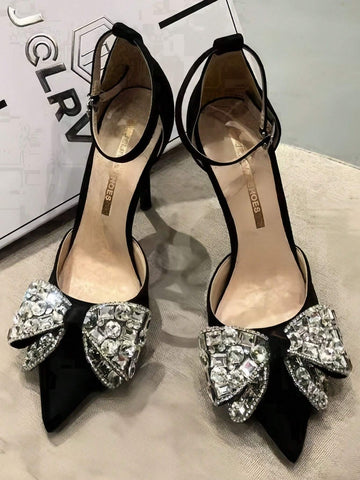 Women's Pointed Toe High Heel Shoes With Crystal Bowknot Single Strap, Women's Pointed Toe High Heel Shoes With Crystal Bowknot Single Strap,