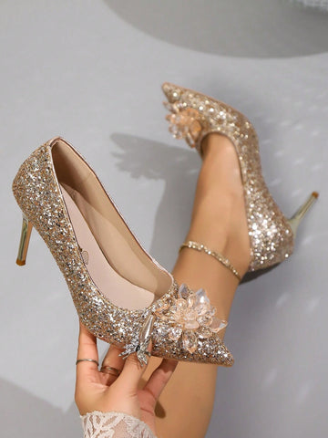 Women's Pointed Toe High Heel Shoes With Crystal Flower Decor Women's Pointed Toe High Heel Shoes With Crystal Flower Decor