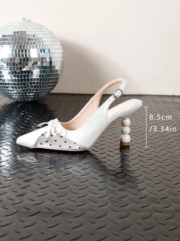 Women's Pointed Toe Mesh Bow Hollow Back Strap Asymmetric White Women's Pointed Toe Mesh Bow Hollow Back Strap Asymmetric White