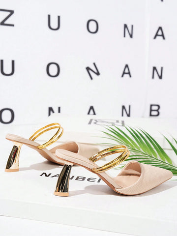 Women's Pointed Toe Mule Slippers With Gold Circle Strap Design, Beige Color Women's Pointed Toe Mule Slippers With Gold Circle Strap Design, Beige Color