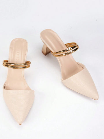 Women's Pointed Toe Mule Slippers With Gold Circle Strap Design, Beige Color Women's Pointed Toe Mule Slippers With Gold Circle Strap Design, Beige Color