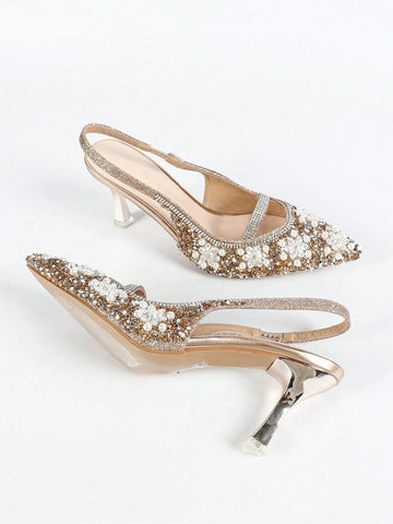 Women's Pointed Toe Pumps, Metal Electroplated Heels, Glamorous Fashion Comfortable Shiny Pearl & Rhineston Women's Pointed Toe Pumps, Metal Electroplated Heels, Glamorous Fashion Comfortable Shiny Pearl & Rhineston