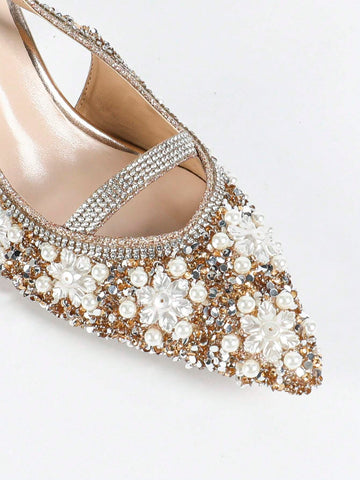 Women's Pointed Toe Pumps, Metal Electroplated Heels, Glamorous Fashion Comfortable Shiny Pearl & Rhineston Women's Pointed Toe Pumps, Metal Electroplated Heels, Glamorous Fashion Comfortable Shiny Pearl & Rhineston