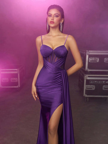 Women's Purple Herringbone Sleeveless Adjustable Shoulder Strap Open Slit Side Trailing Evening Dress With Plunging Back (Deluxe Edition) Women's Purple Herringbone Sleeveless Adjustable Shoulder Strap Open Slit Side Trailing Evening Dress With Plunging Back (Deluxe Edition)