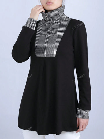 A-Line Plaid Mid-Length Tunic Top, Waist Cinched Pullover Sweatshirt Jacket A-Line Plaid Mid-Length Tunic Top, Waist Cinched Pullover Sweatshirt Jacket