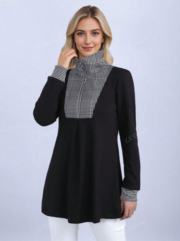 A-Line Plaid Mid-Length Tunic Top, Waist Cinched Pullover Sweatshirt Jacket A-Line Plaid Mid-Length Tunic Top, Waist Cinched Pullover Sweatshirt Jacket