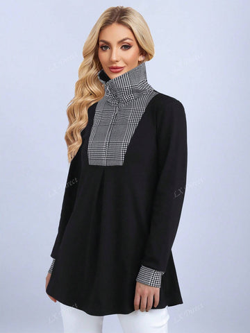 A-Line Plaid Mid-Length Tunic Top, Waist Cinched Pullover Sweatshirt Jacket A-Line Plaid Mid-Length Tunic Top, Waist Cinched Pullover Sweatshirt Jacket