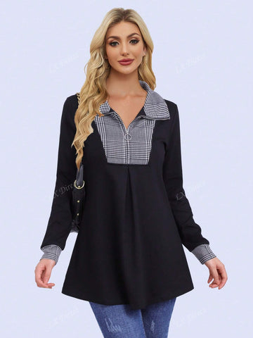 A-Line Plaid Mid-Length Tunic Top, Waist Cinched Pullover Sweatshirt Jacket A-Line Plaid Mid-Length Tunic Top, Waist Cinched Pullover Sweatshirt Jacket