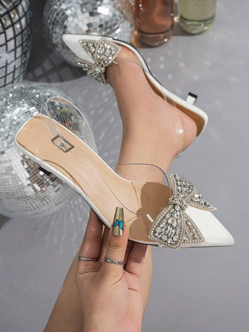 Women's Rhinestone Bow Decor Pointed Toe Transparent High Heel Shoes,Elegant Women's Rhinestone Bow Decor Pointed Toe Transparent High Heel Shoes,Elegant