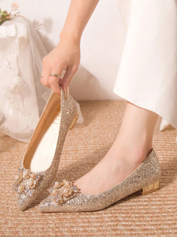 Women's Rhinestone Decor Pointed Toe Low Heel Flats, Charming Champagne Women's Rhinestone Decor Pointed Toe Low Heel Flats, Charming Champagne