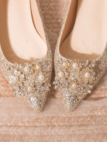 Women's Rhinestone Decor Pointed Toe Low Heel Flats, Charming Champagne Women's Rhinestone Decor Pointed Toe Low Heel Flats, Charming Champagne