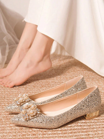 Women's Rhinestone Decor Pointed Toe Low Heel Flats, Charming Champagne Women's Rhinestone Decor Pointed Toe Low Heel Flats, Charming Champagne