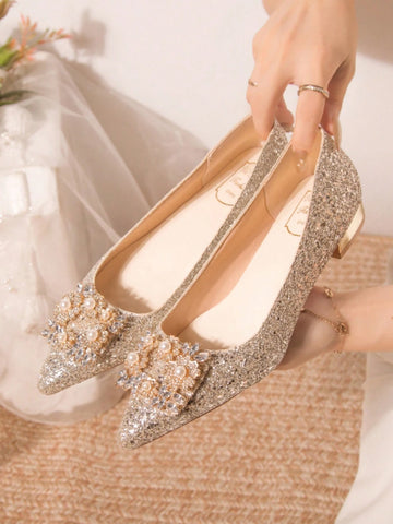 Women's Rhinestone Decor Pointed Toe Low Heel Flats, Charming Champagne Women's Rhinestone Decor Pointed Toe Low Heel Flats, Charming Champagne
