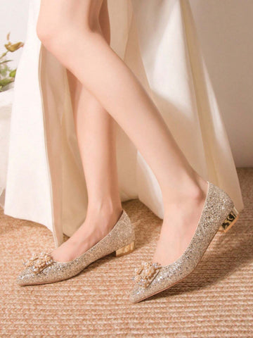 Women's Rhinestone Decor Pointed Toe Low Heel Flats, Charming Champagne Women's Rhinestone Decor Pointed Toe Low Heel Flats, Charming Champagne