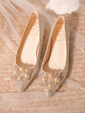 Women's Rhinestone Decor Pointed Toe Low Heel Flats, Charming Champagne Women's Rhinestone Decor Pointed Toe Low Heel Flats, Charming Champagne