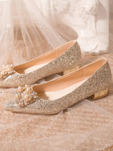 Women's Rhinestone Decor Pointed Toe Low Heel Flats, Charming Champagne Women's Rhinestone Decor Pointed Toe Low Heel Flats, Charming Champagne