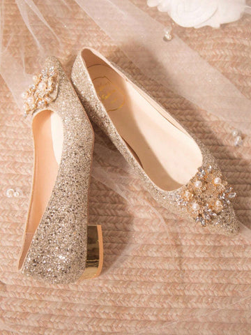 Women's Rhinestone Decor Pointed Toe Low Heel Flats, Charming Champagne Women's Rhinestone Decor Pointed Toe Low Heel Flats, Charming Champagne